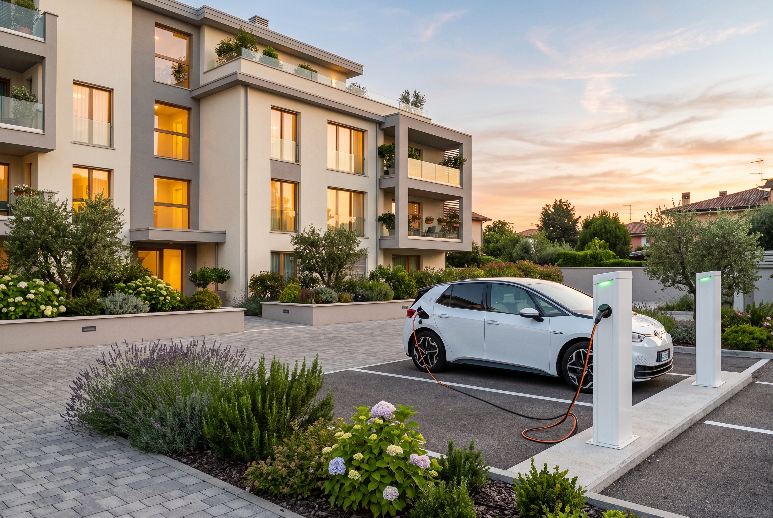 Colonnine di ricarica nel parcheggio esterno di un condominio con auto elettrica in carica