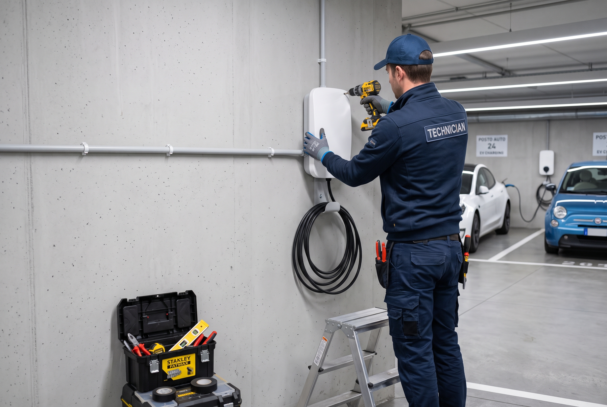 Installazione di una wallbox di ricarica a parete nel garage di un condominio